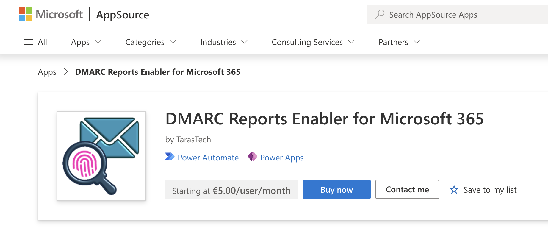Microsoft AppSource page showing the DMARC Reports Enabler listing